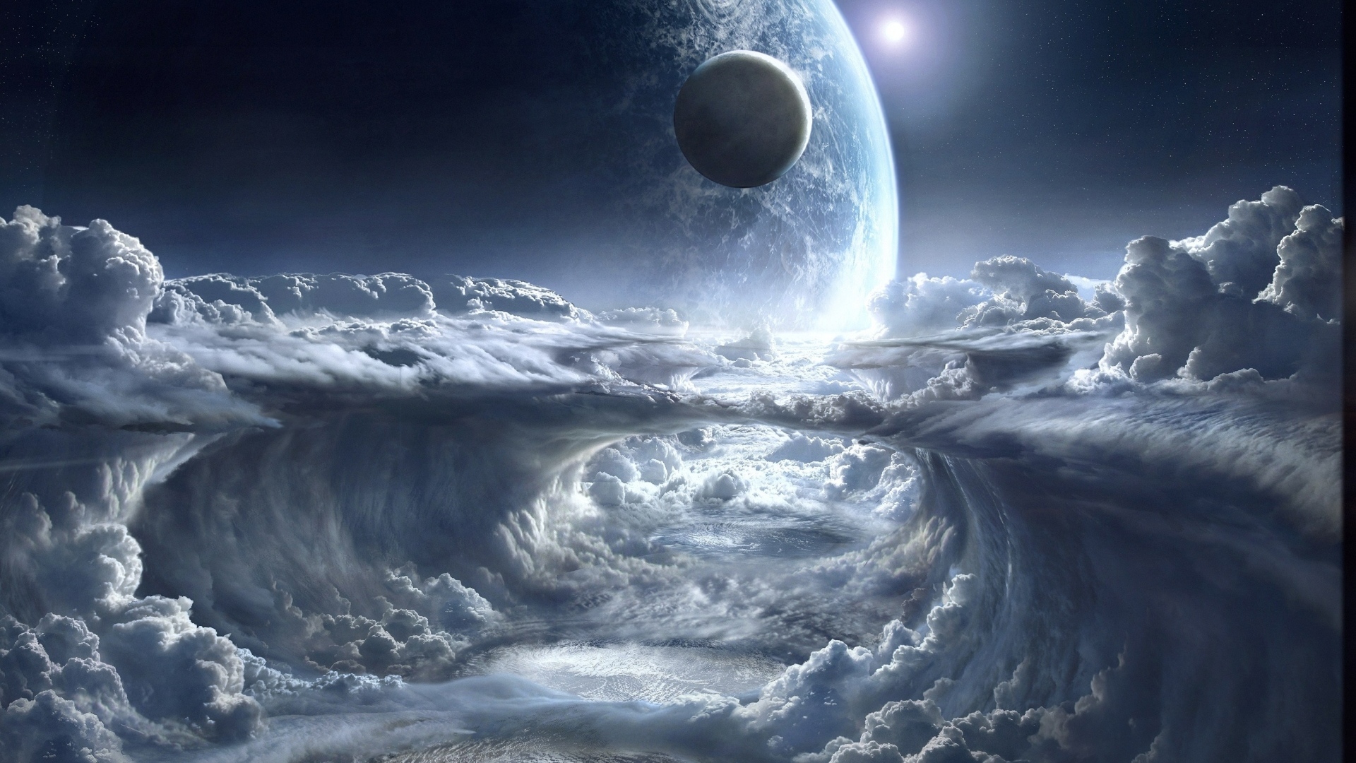 Планета над белыми облаками в космосе