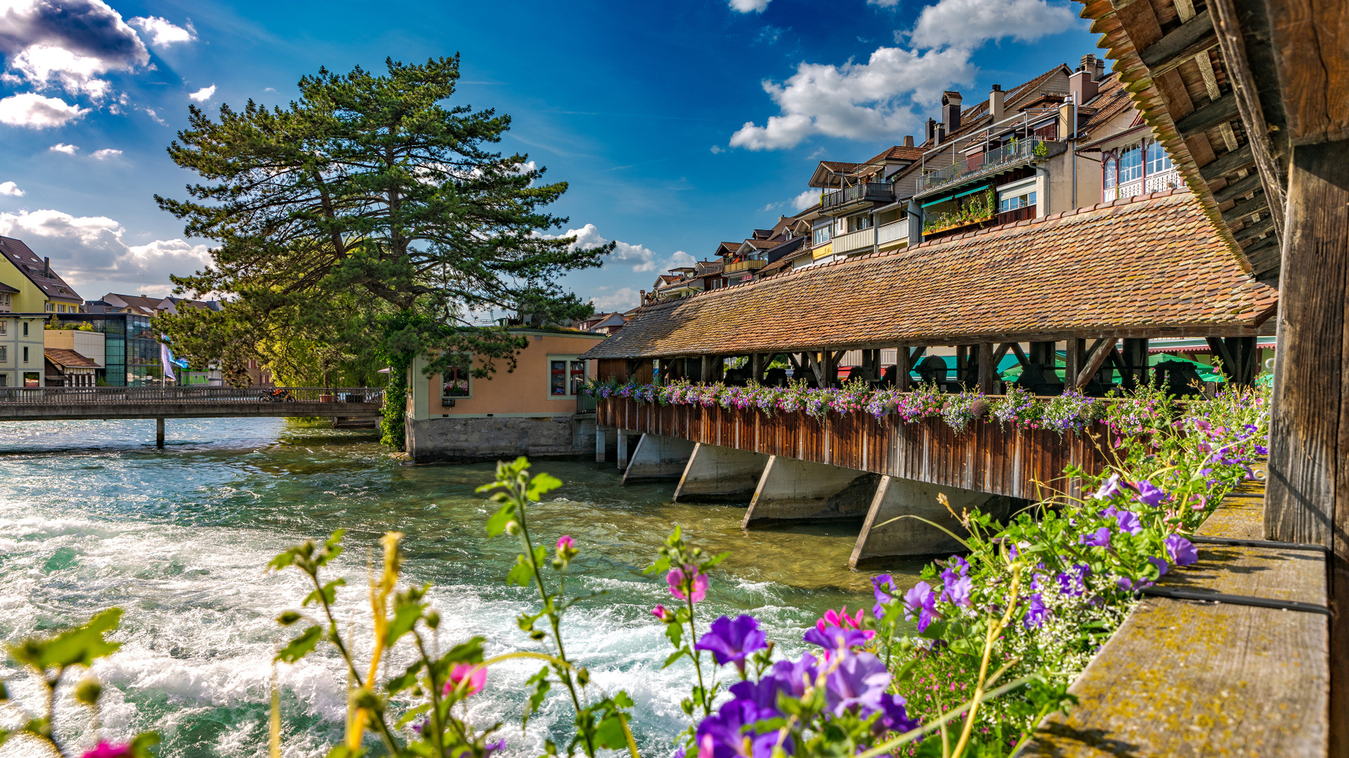 Деревянный мост с цветами через реку, Швейцария