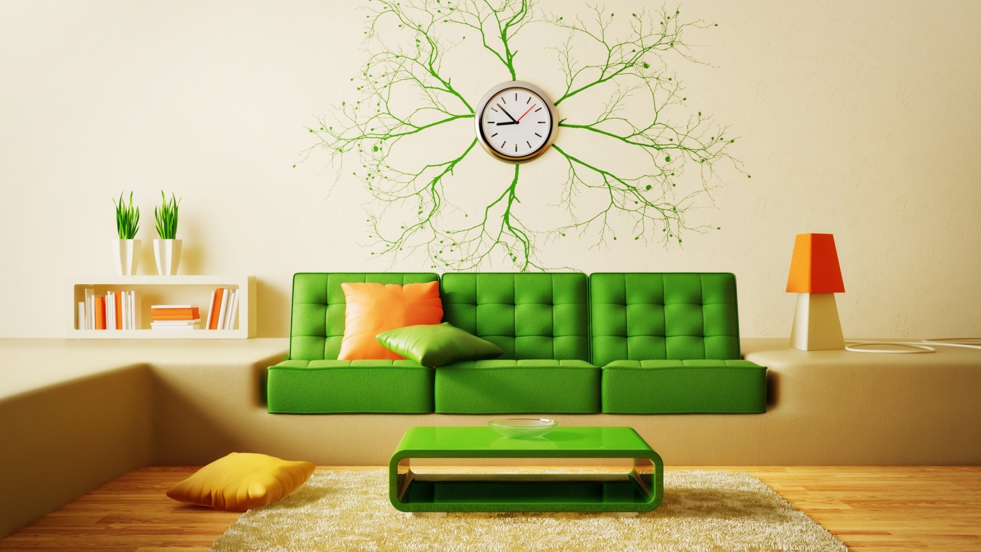 Зеленый диван в комнате с часами