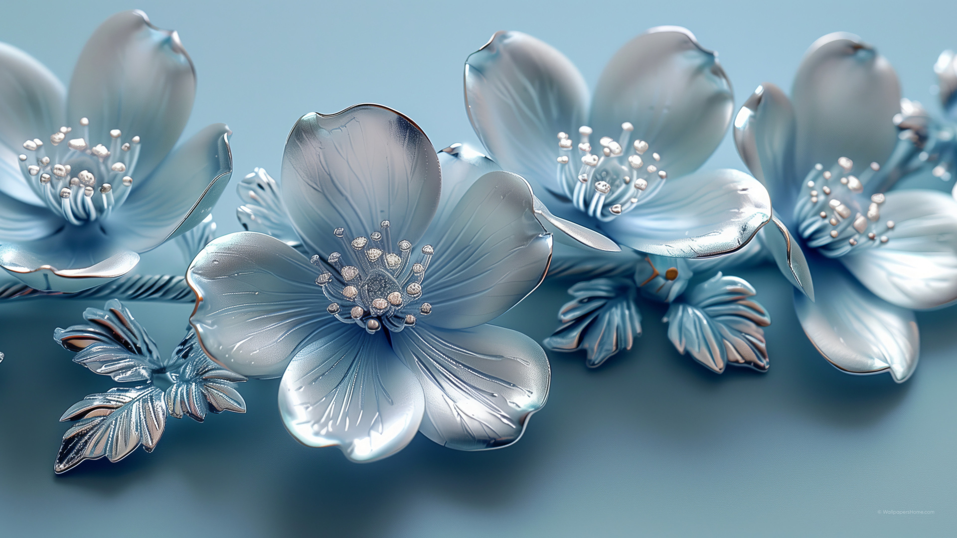 Красивые серебряные 3д цветы на голубом фоне