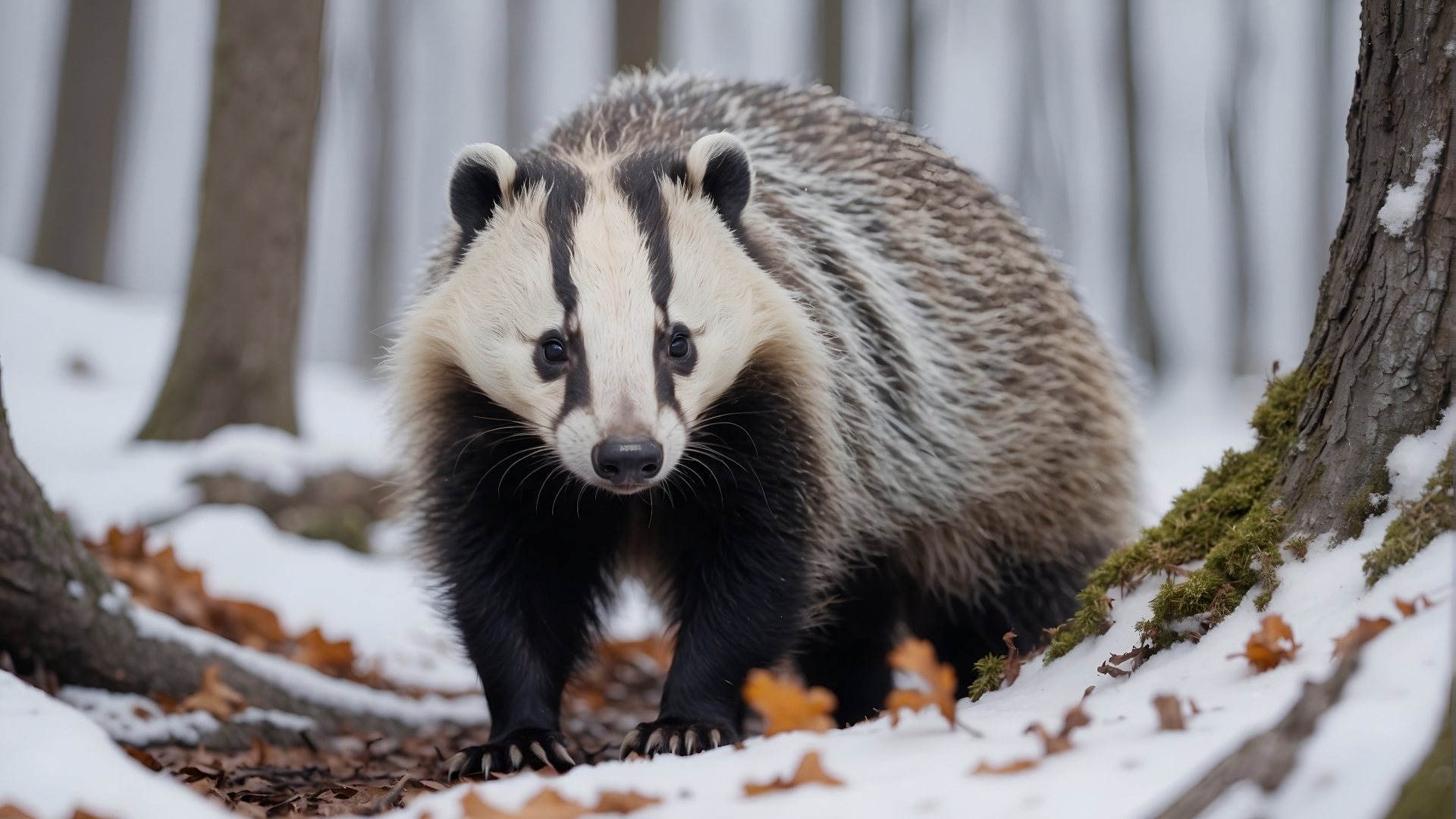 Большой барсук в заснеженном лесу