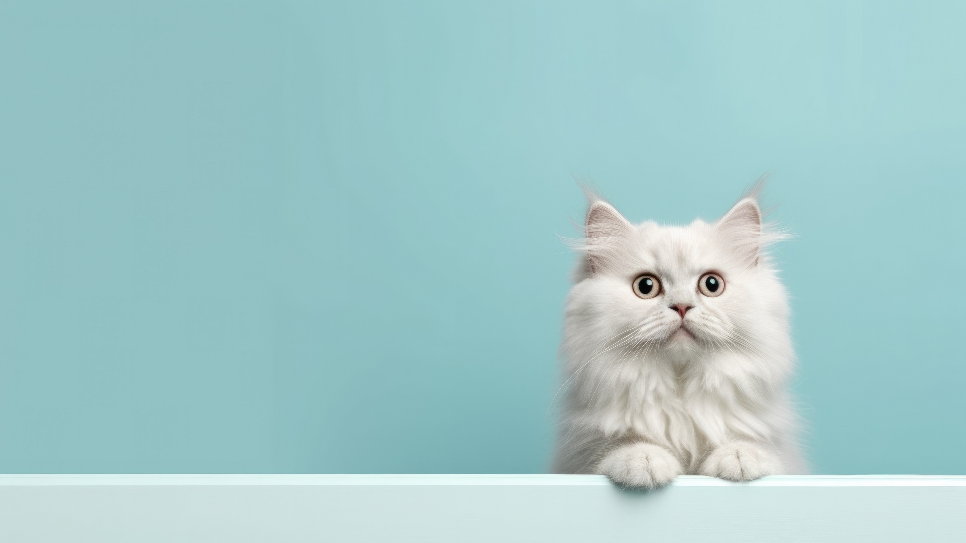 Пушистый белый породистый кот на голубом фоне