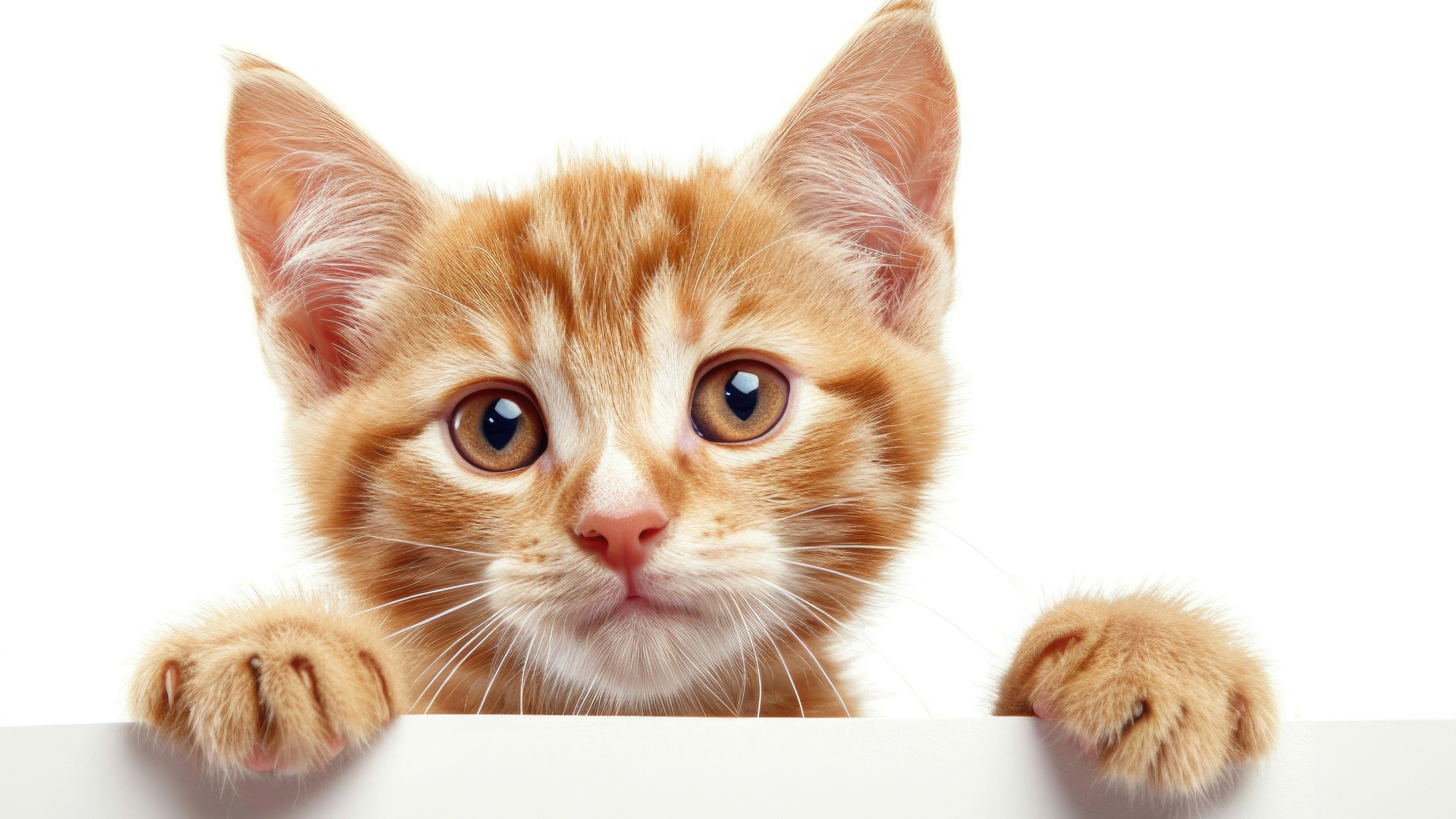 Смешной маленький рыжий котенок на белом фоне