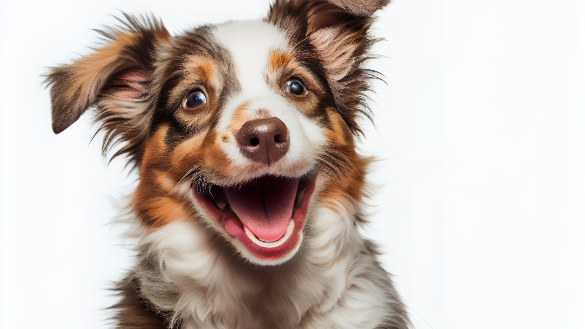 Веселый щенок с открытой пастью на белом фоне