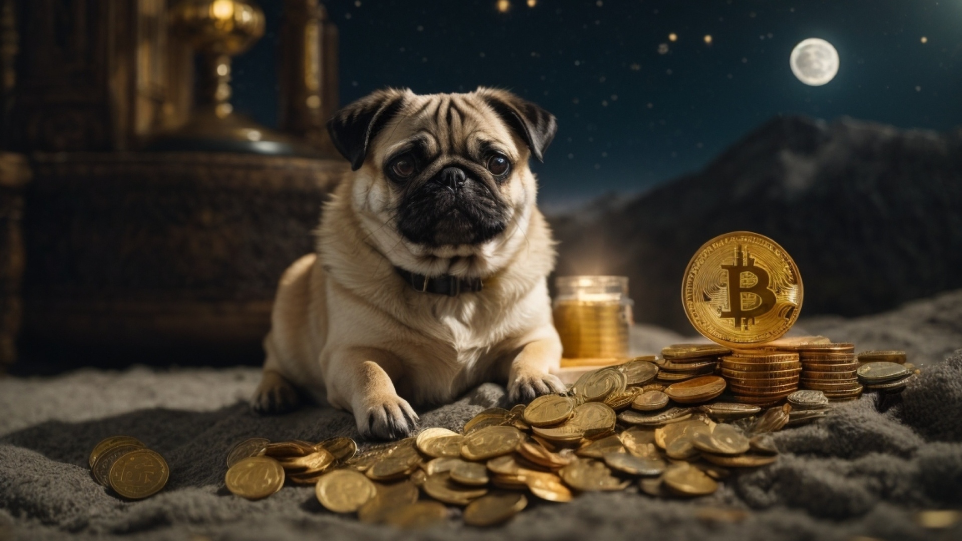 Мопс с золотыми монетами на песке