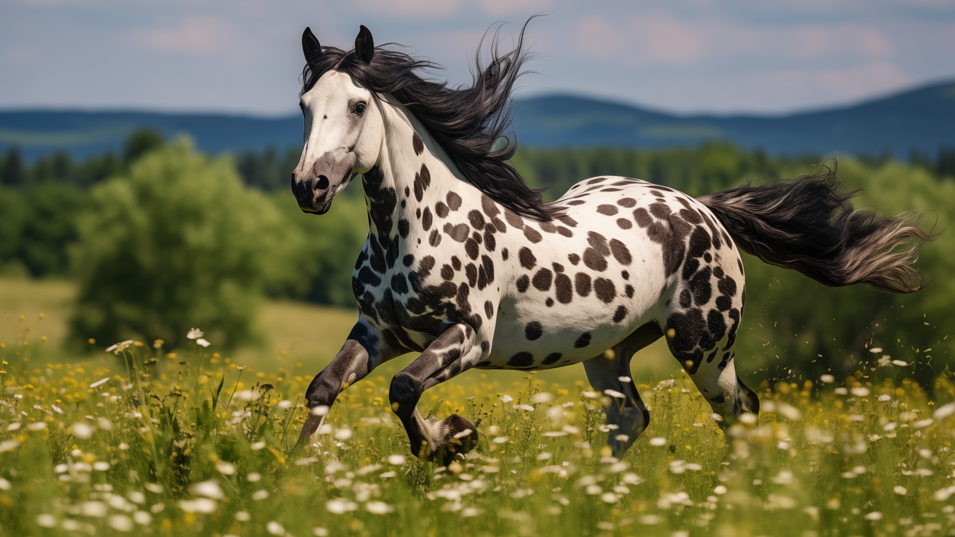 Белая лошадь в черных пятнах на пастбище