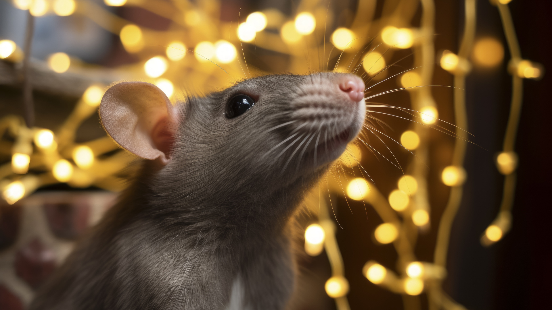 Серая крыса на фоне гирлянды