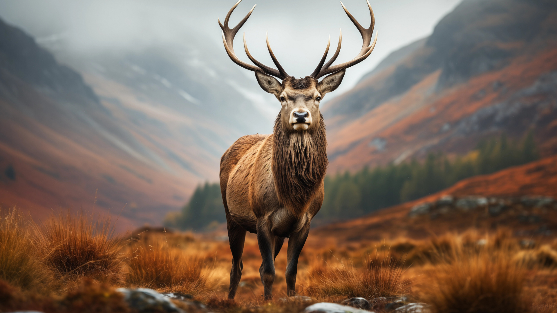 Олень с большими рогами в горах