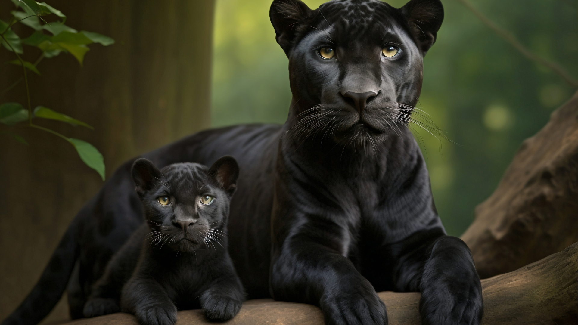 Большая черная пантера с детенышем