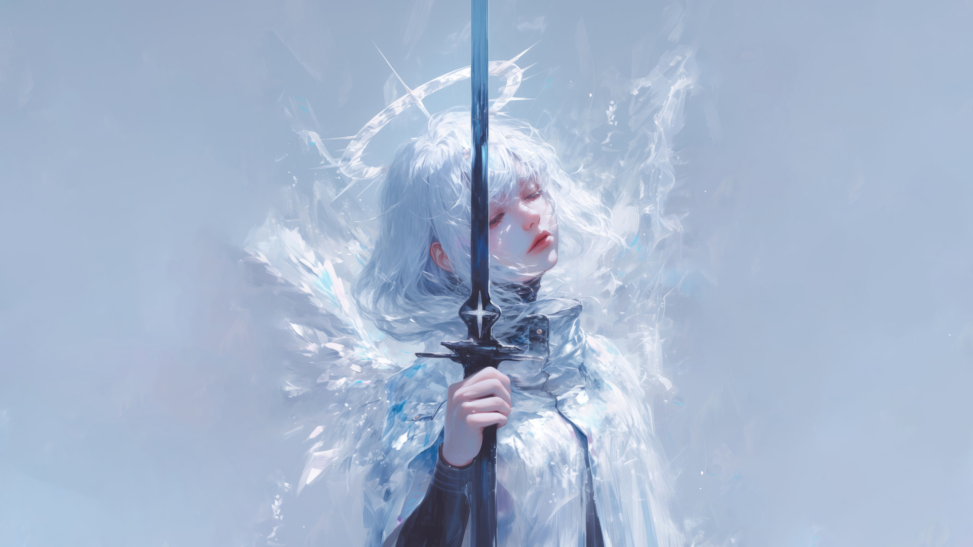 Anime angel girl with gun on gray background