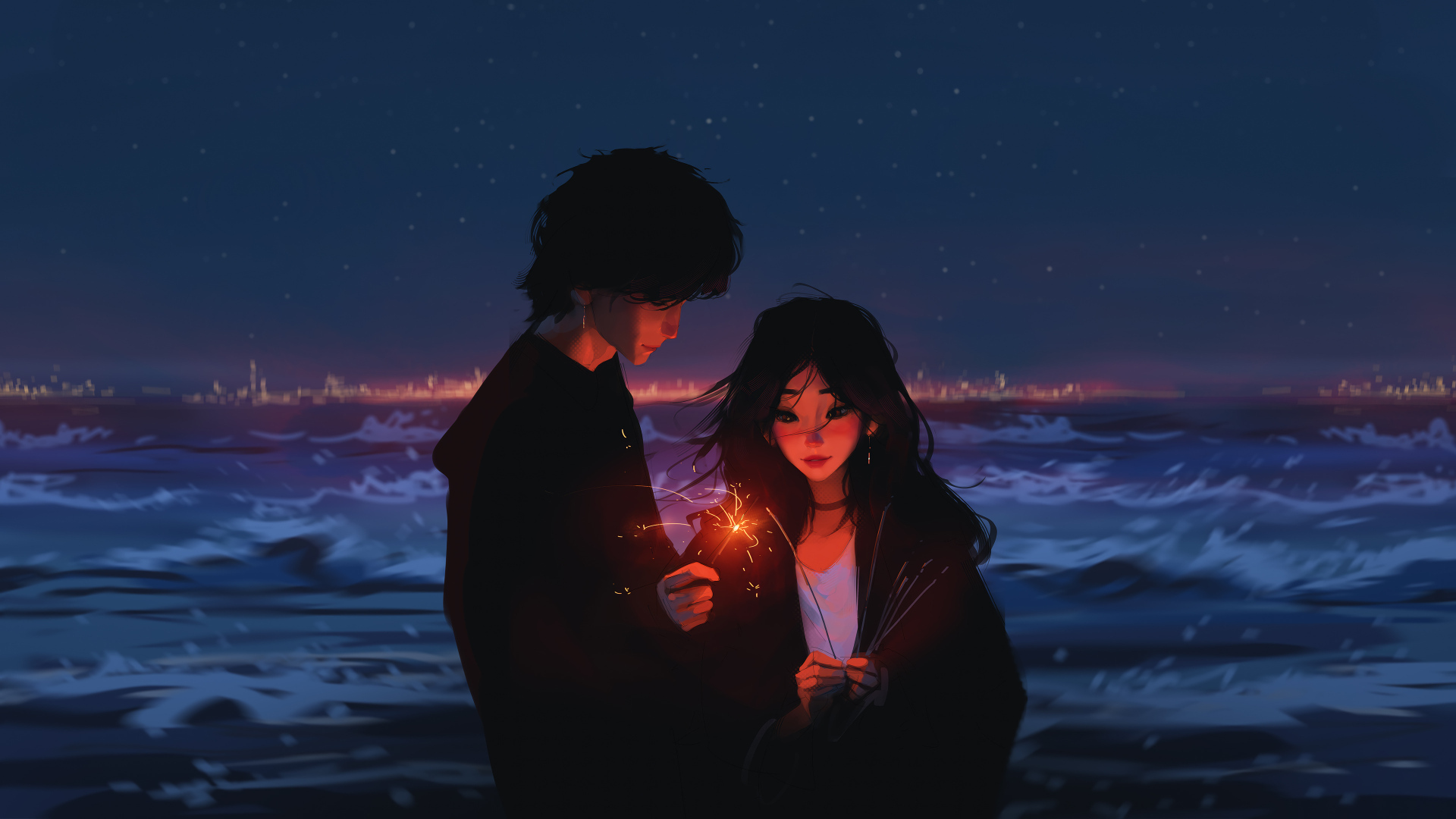 Пара аниме с бенгальскими огнями у воды