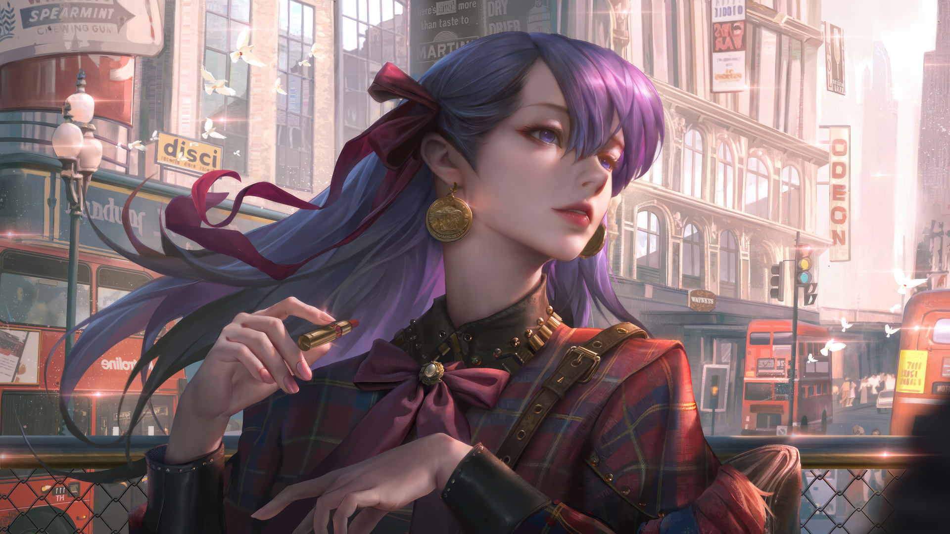 Девушка аниме с фиолетовыми волосами с помадой в руке