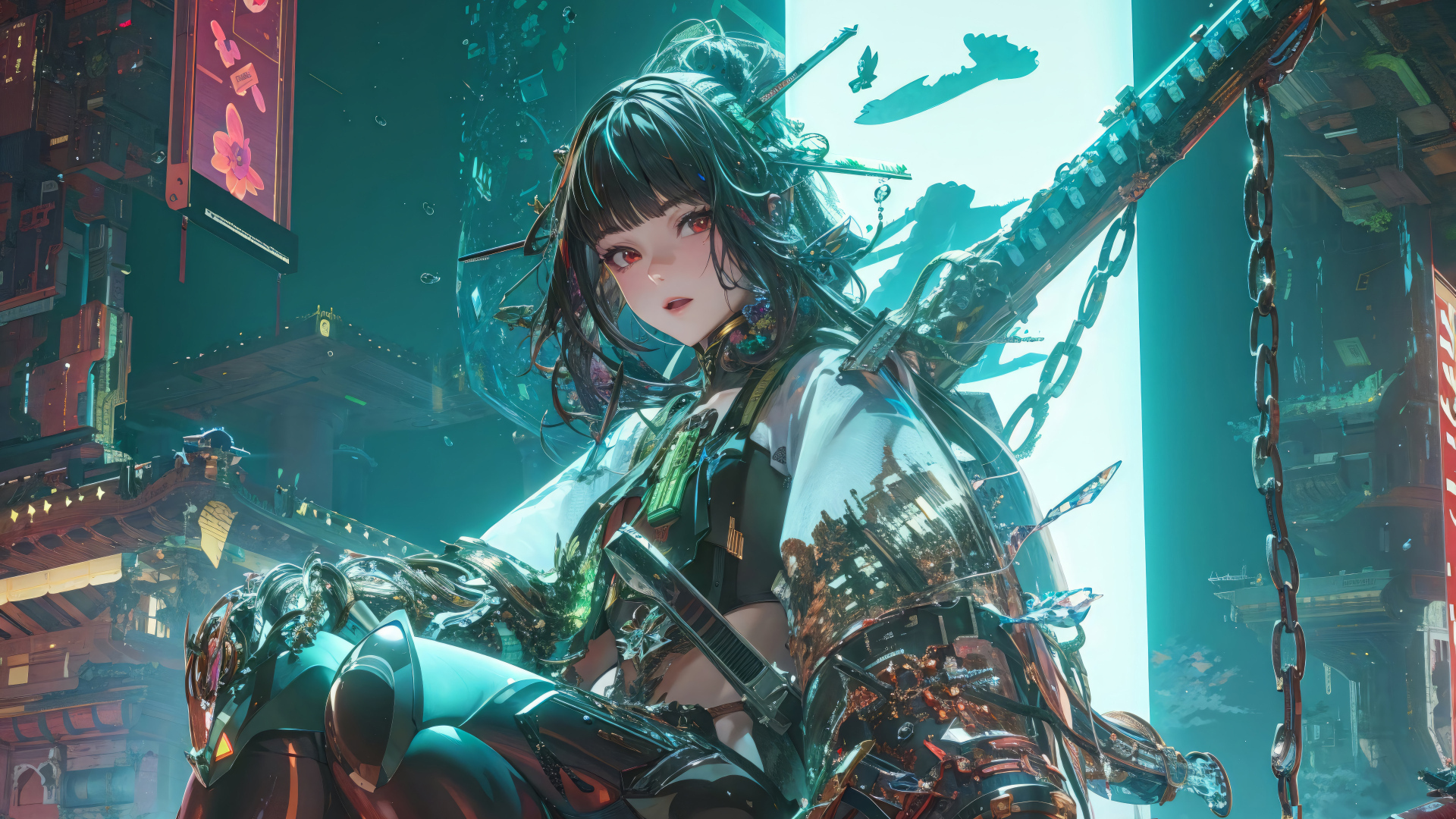 Девушка аниме самурай в городе