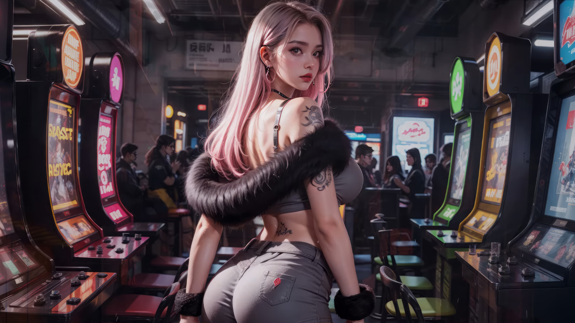 Красивая девушка аниме в зале с игровыми автоматами