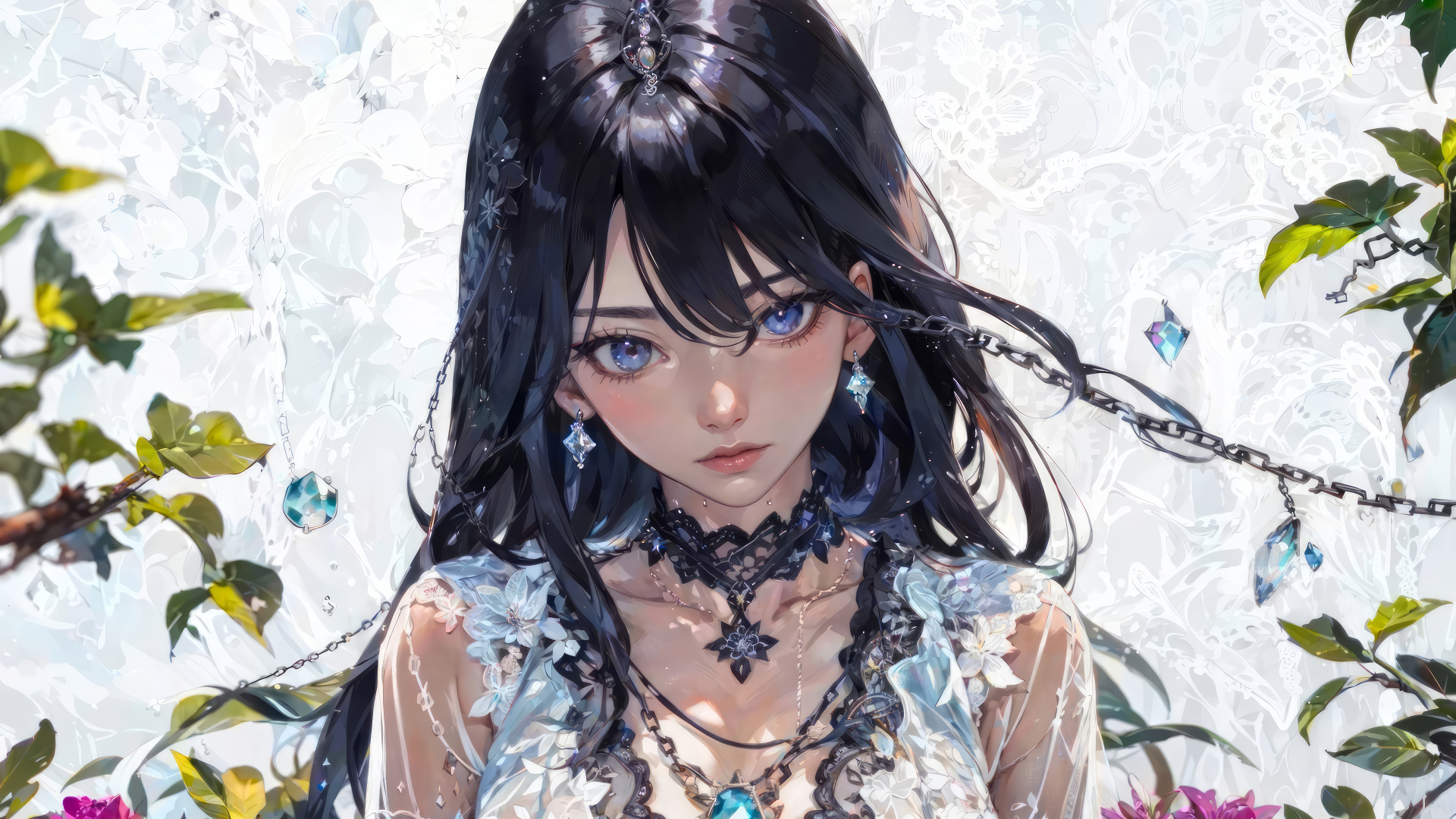 Красивая голубоглазая девушка аниме с черными волосами