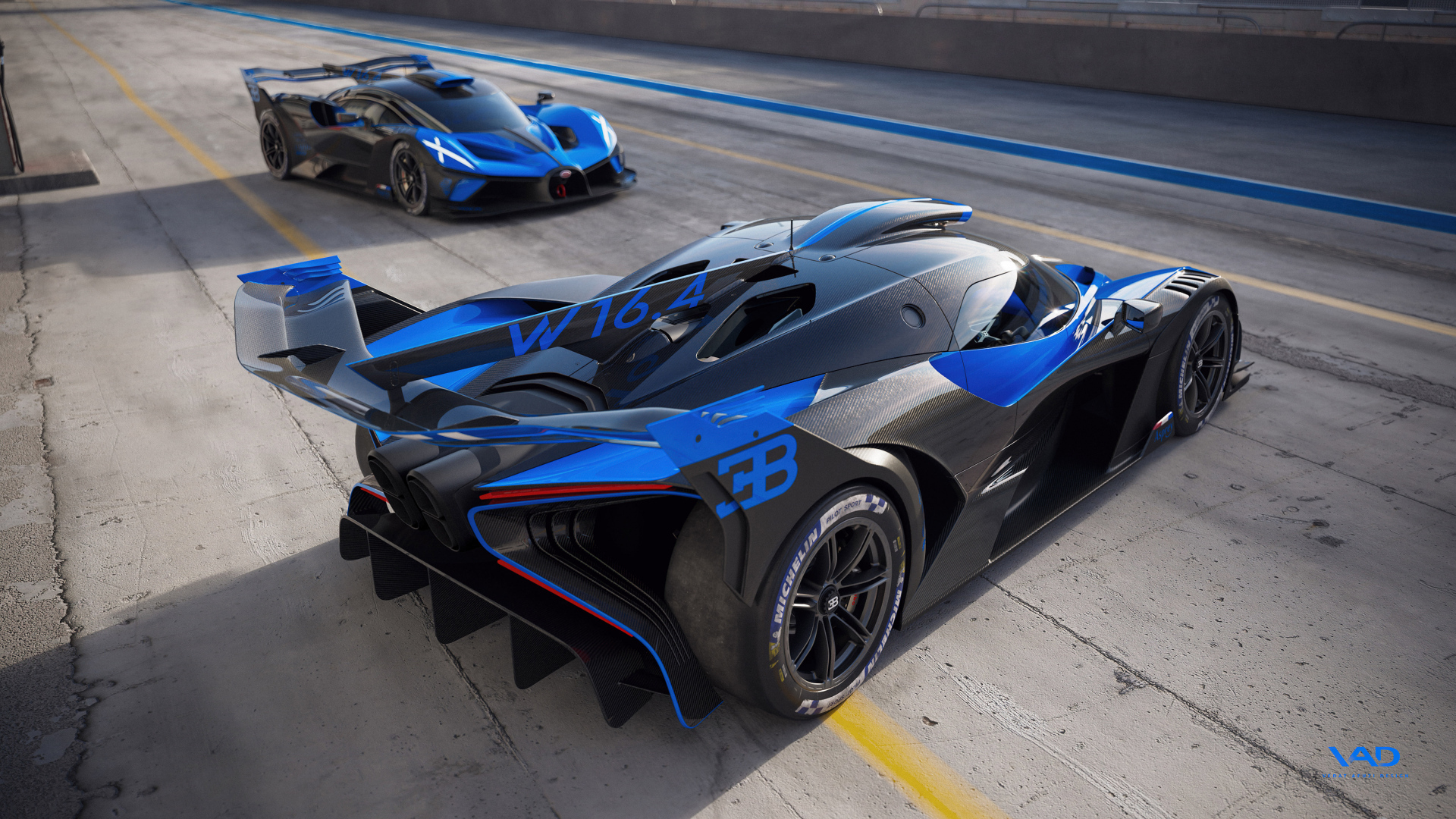 Синий автомобиль Bugatti Bolide Race Track вид сзади