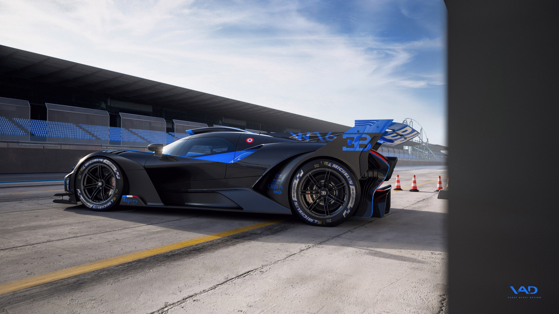 Вид сбоку на синий гоночный автомобиль Bugatti Bolide