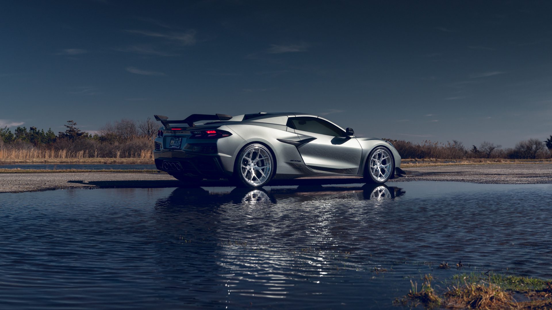 Вид сзади на автомобиль Chevy Corvette Z06 у воды