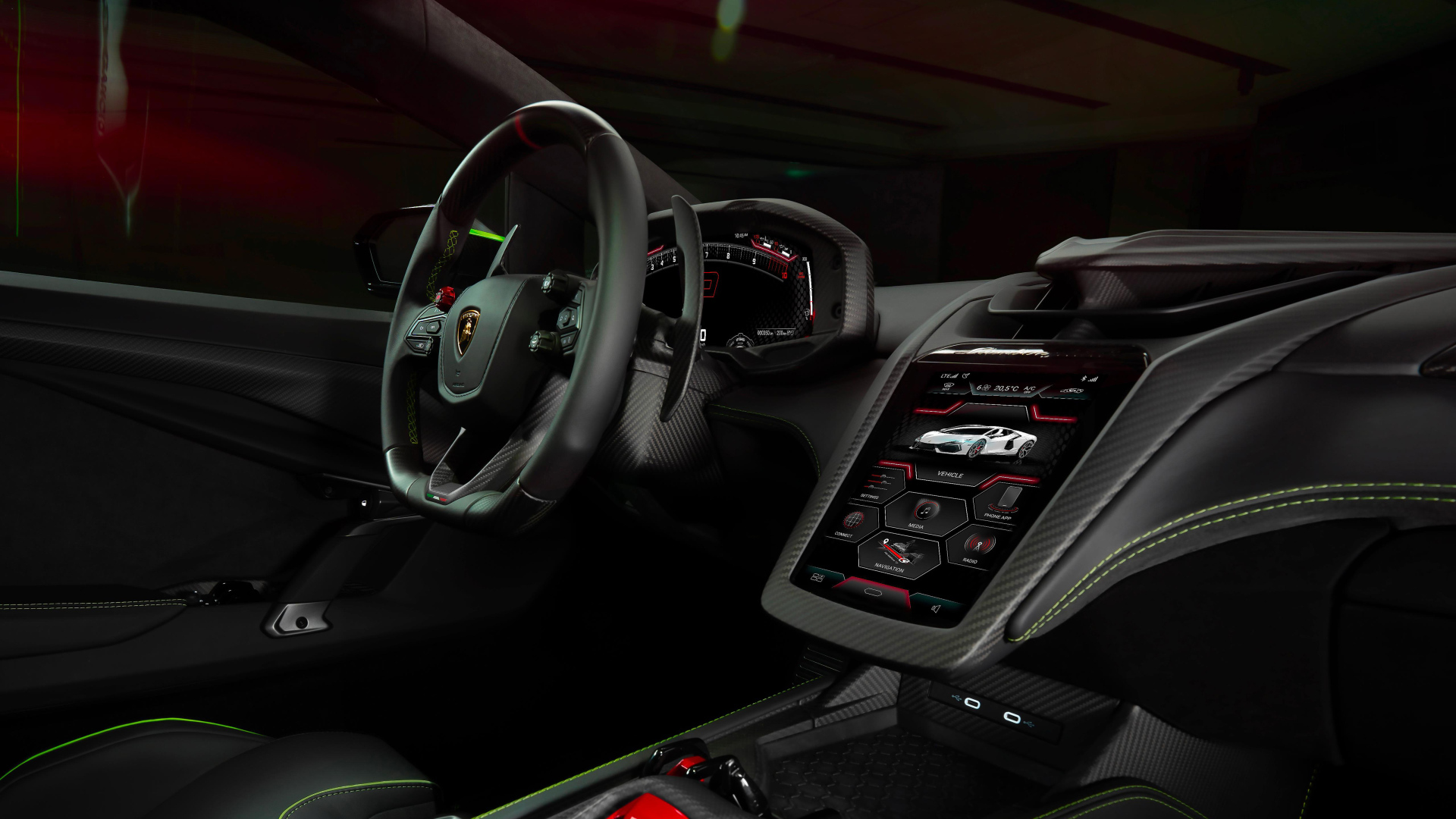 Черный салон автомобиля Lamborghini Revuelto At Lamborghini Arena 2024  года