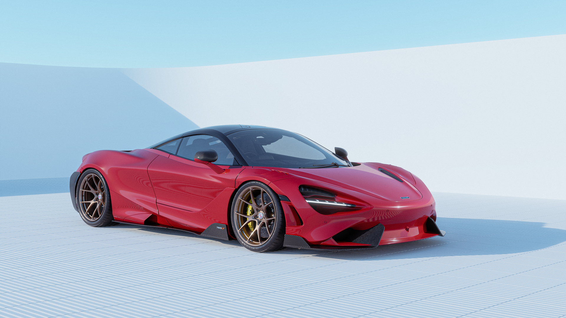 Красный автомобиль  McLaren 765LT CGI на сером фоне
