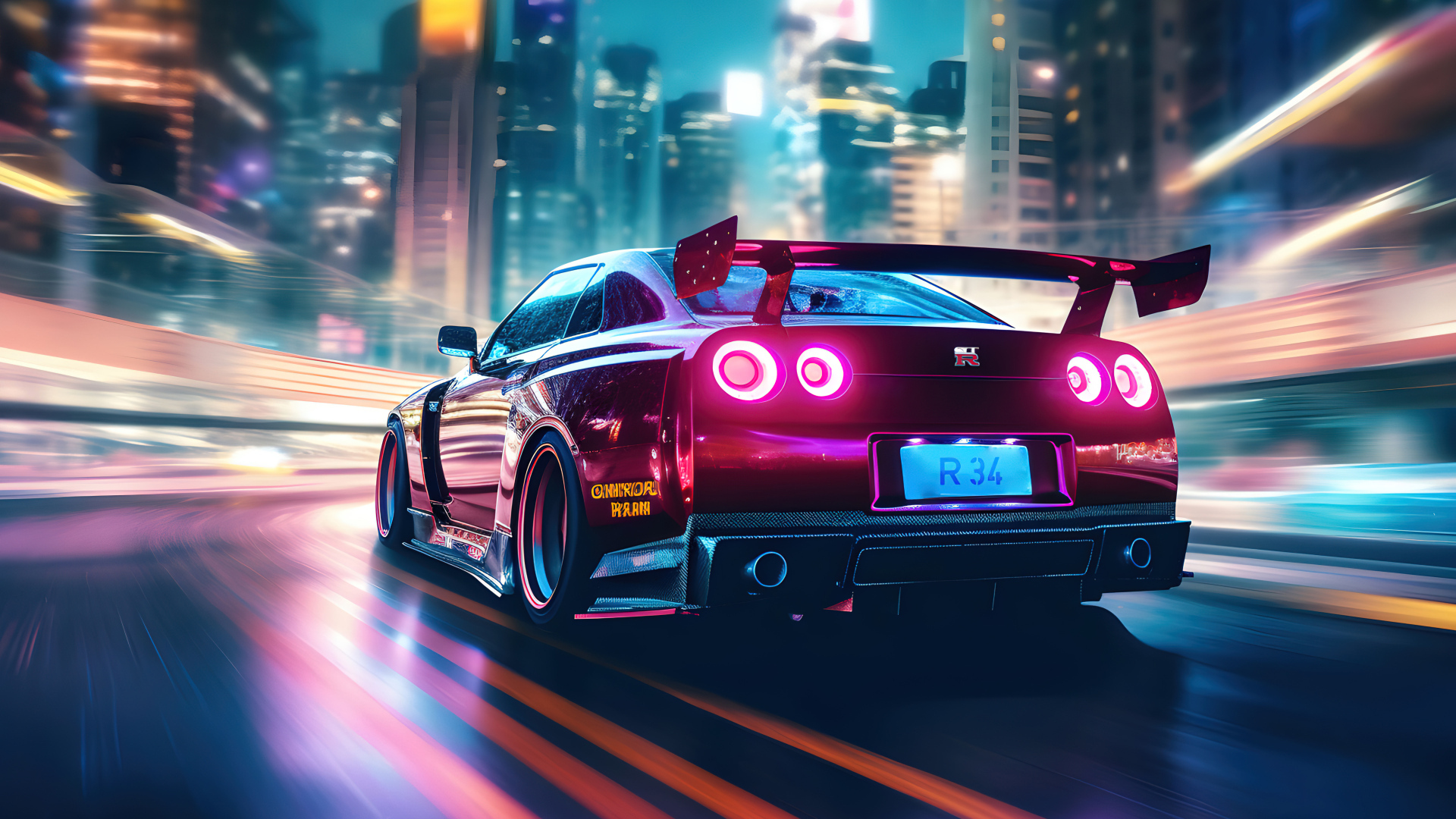 Вид сзади на автомобиль Nissan Skyline R34