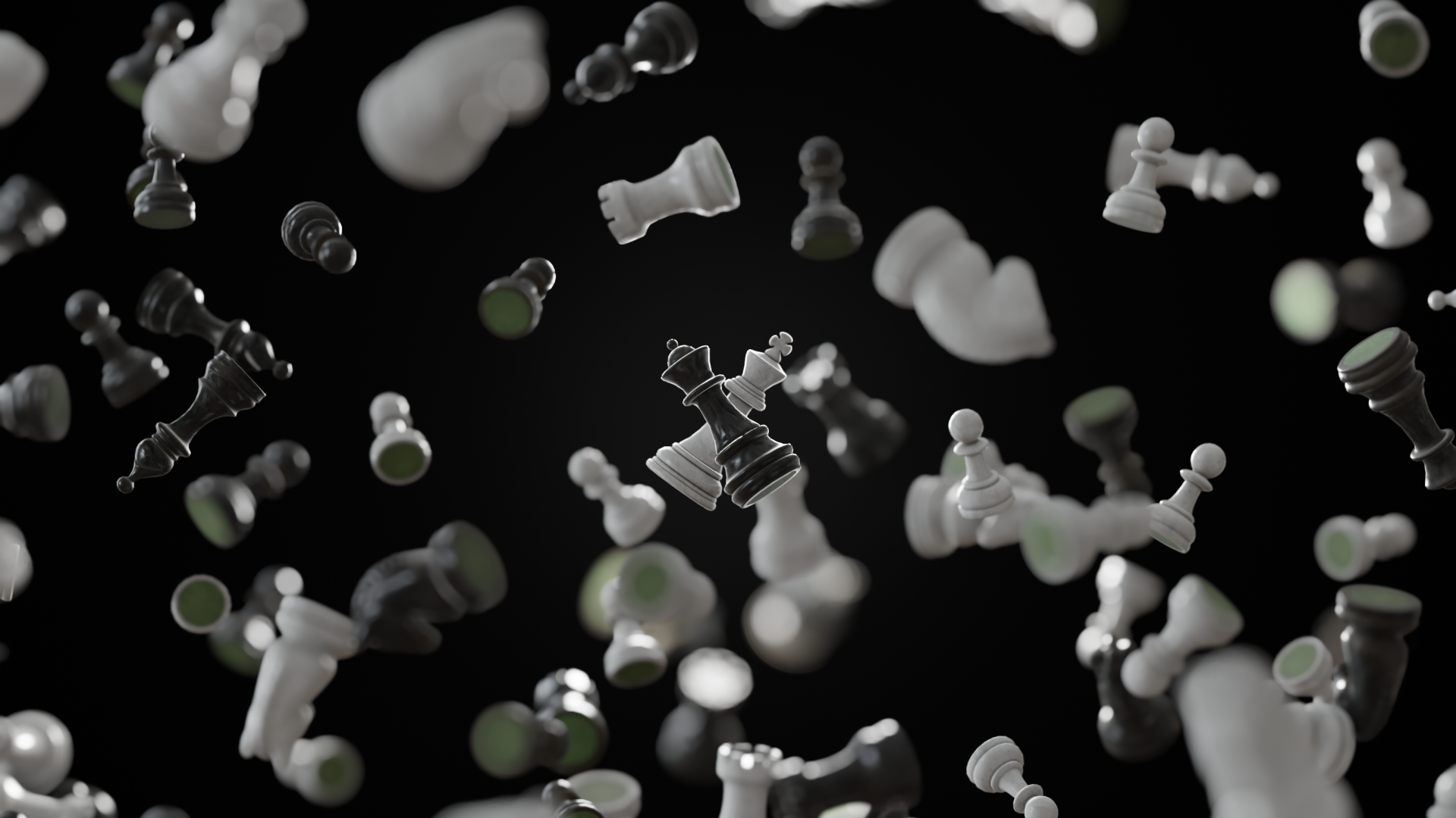 Черные и белые шахматные фигуры парят в воздухе