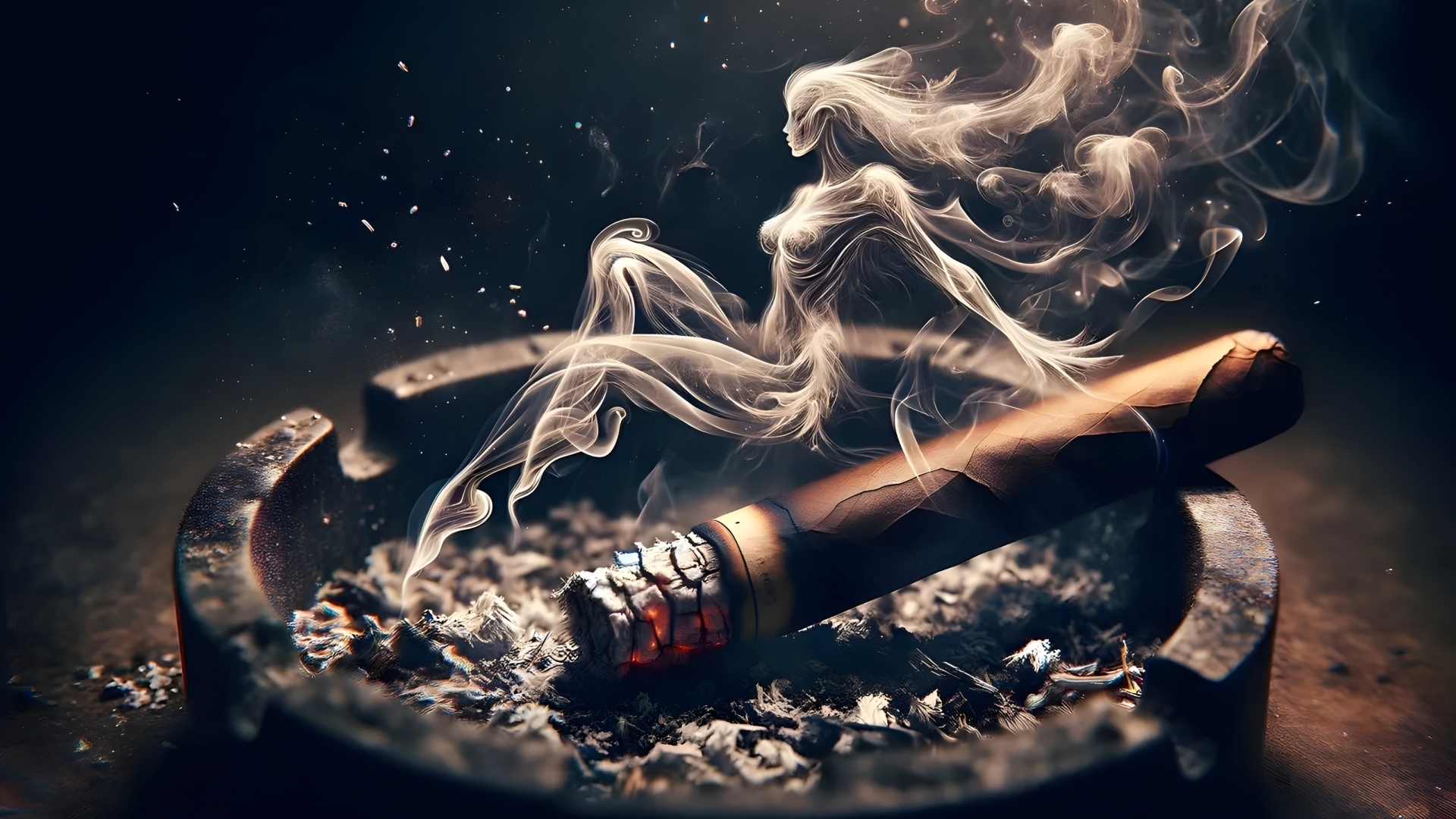 Сигара в пепельнице с дымом в форме девушки