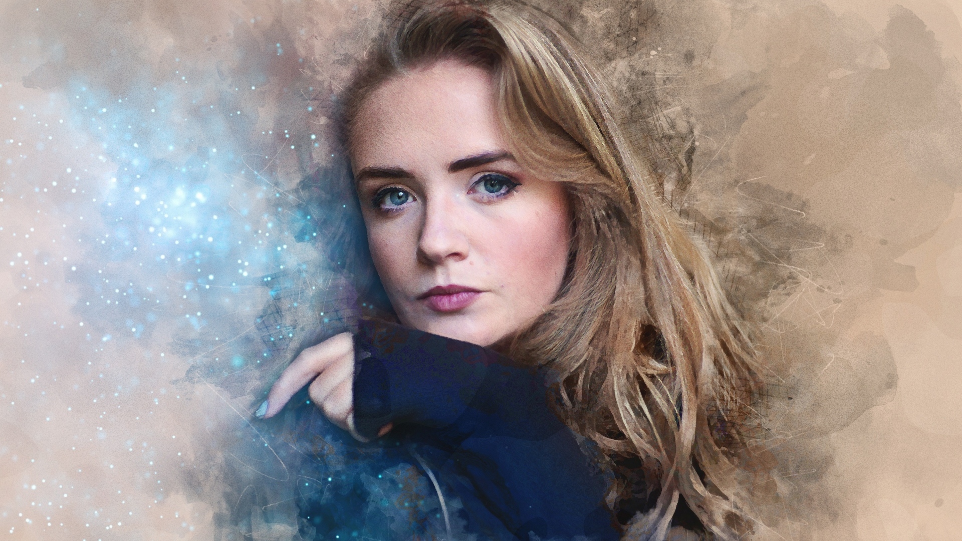 Красивая голубоглазая девушка на нарисованном фоне