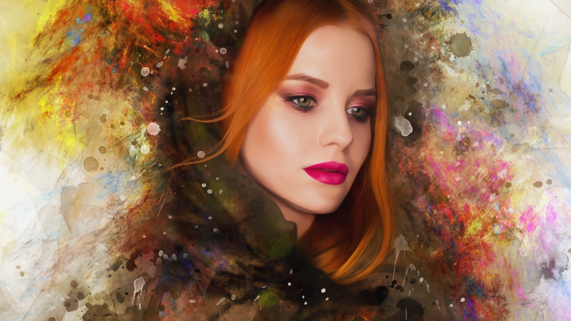 Красивая нарисованная рыжеволосая девушка
