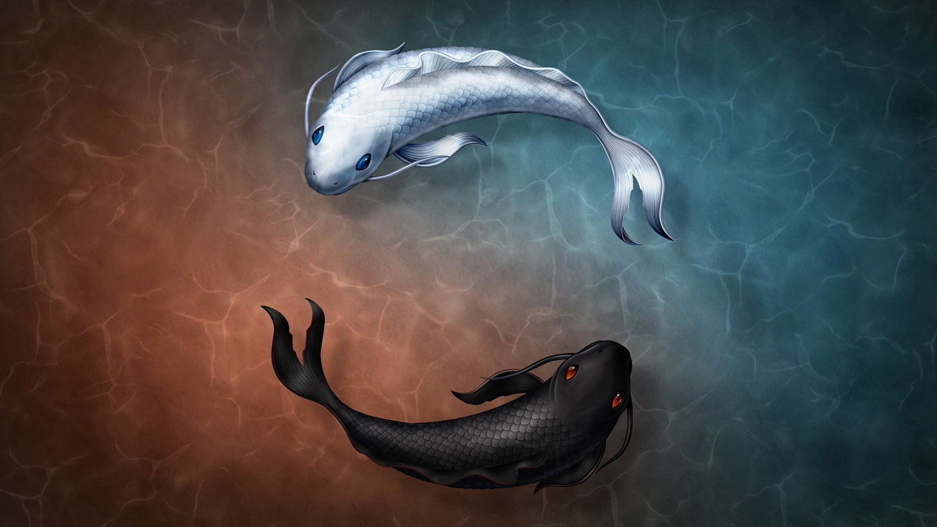 Черная и белая нарисованные рыбы в воде