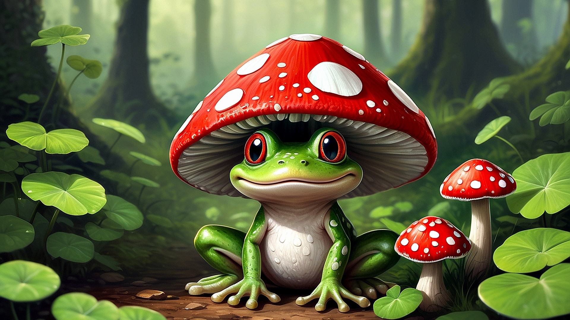 Нарисованная зеленая лягушка с мухомором на голове
