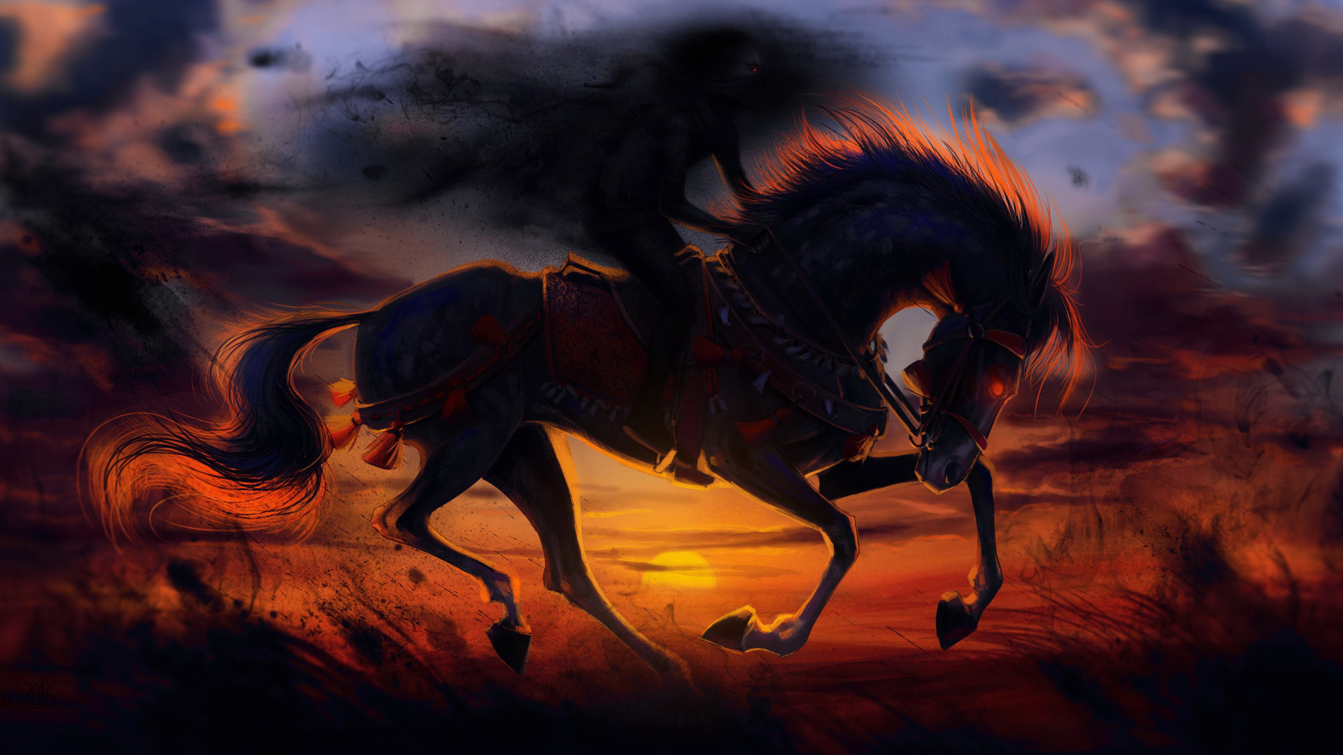 Нарисованный зловещий конь ночью 