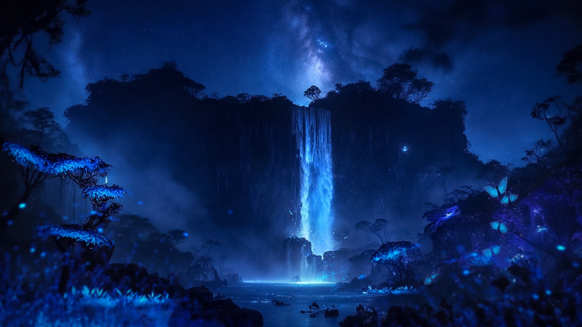 Фантастический водопад стекает с утеса в реку