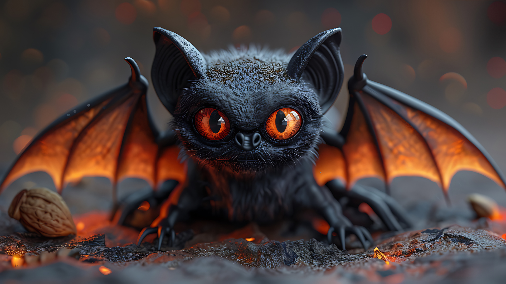 Маленькая летучая мышь с красными глазами расправила крылья