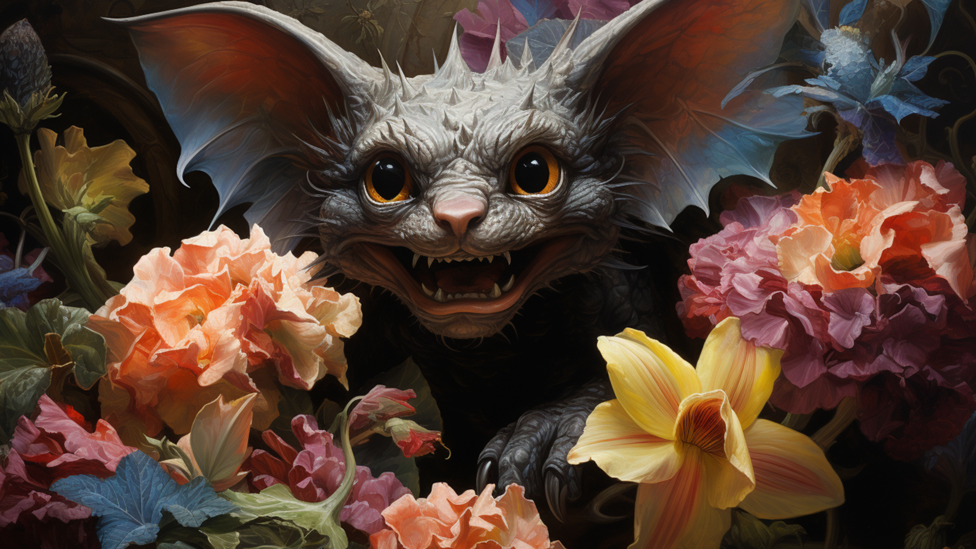 Злая летучая мышь в цветах