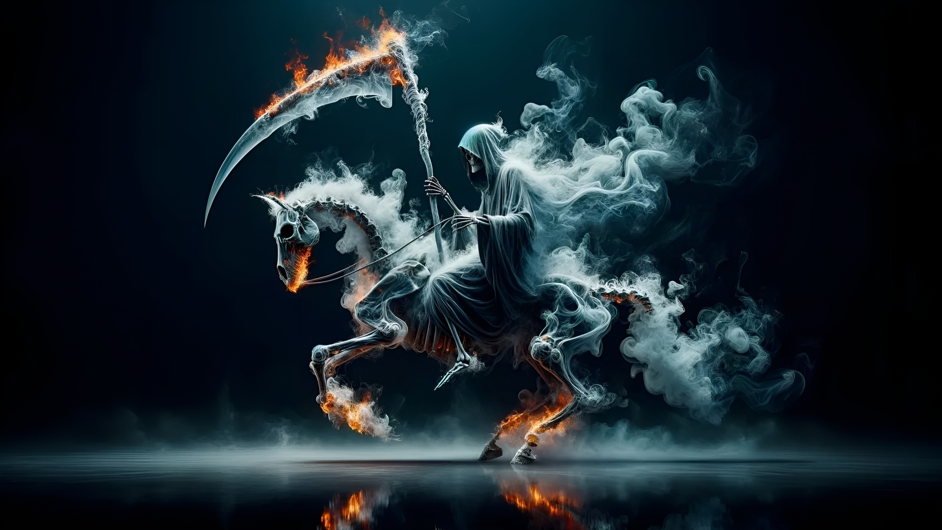 Смерть с косой скачет на скелете лошади в огне и дыму