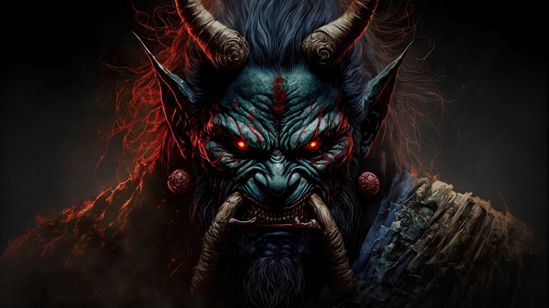 Демон с красными глазами крупным планом