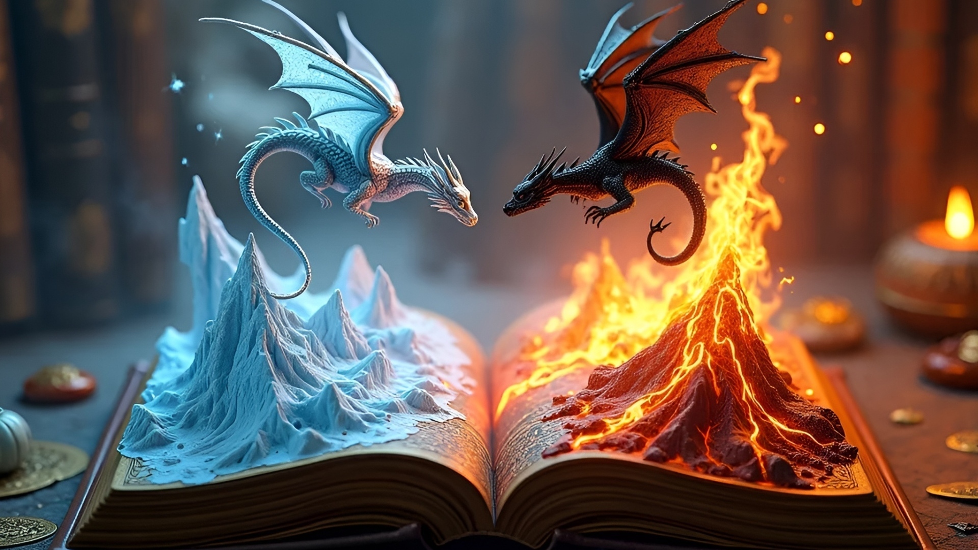 Огненный и снежный драконы парят над книгой
