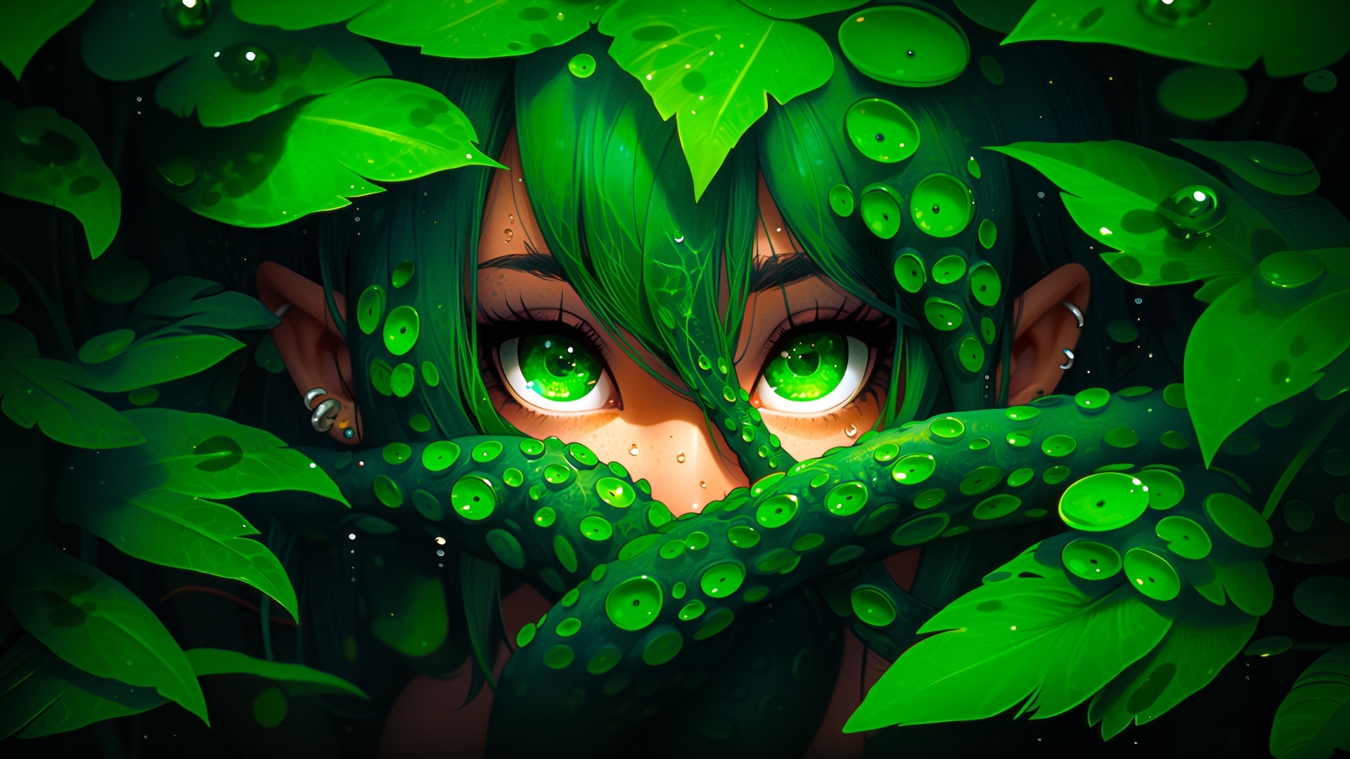 Лесная фея с зелеными глазами в зарослях