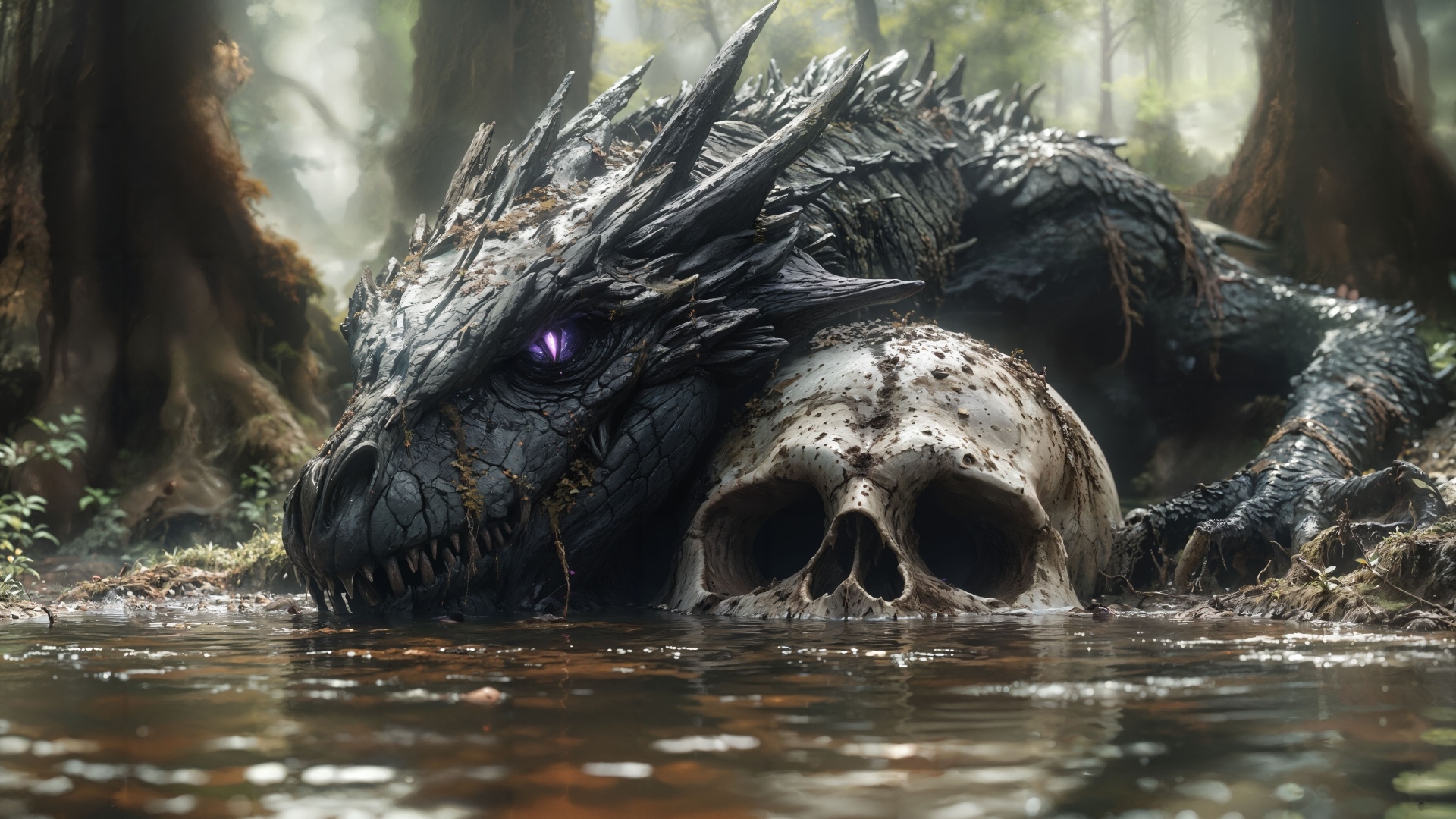 Лесной водяной монстр лежит в пруду на черепе