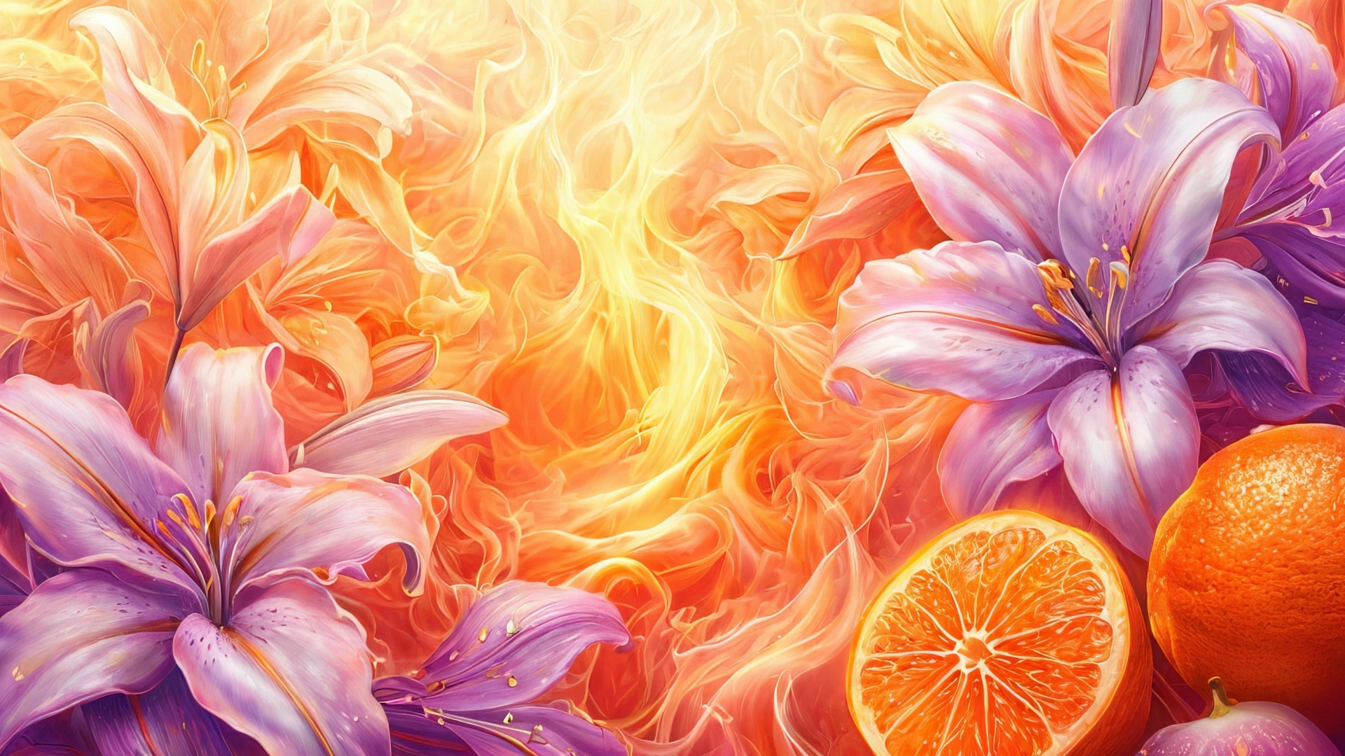 Лилии и апельсины на ярком огненном фоне