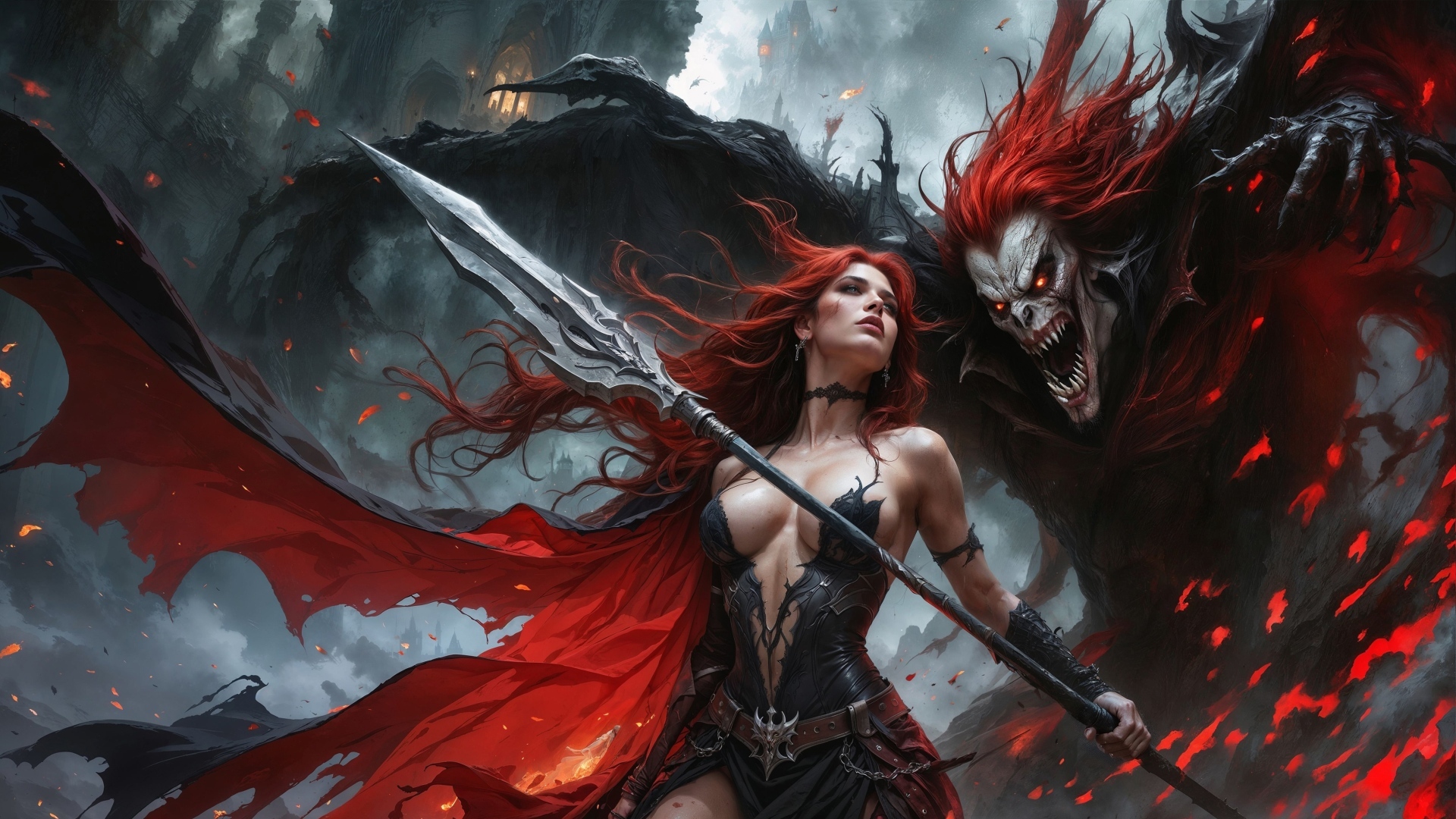 Рыжеволосая девушка с копьем с монстром