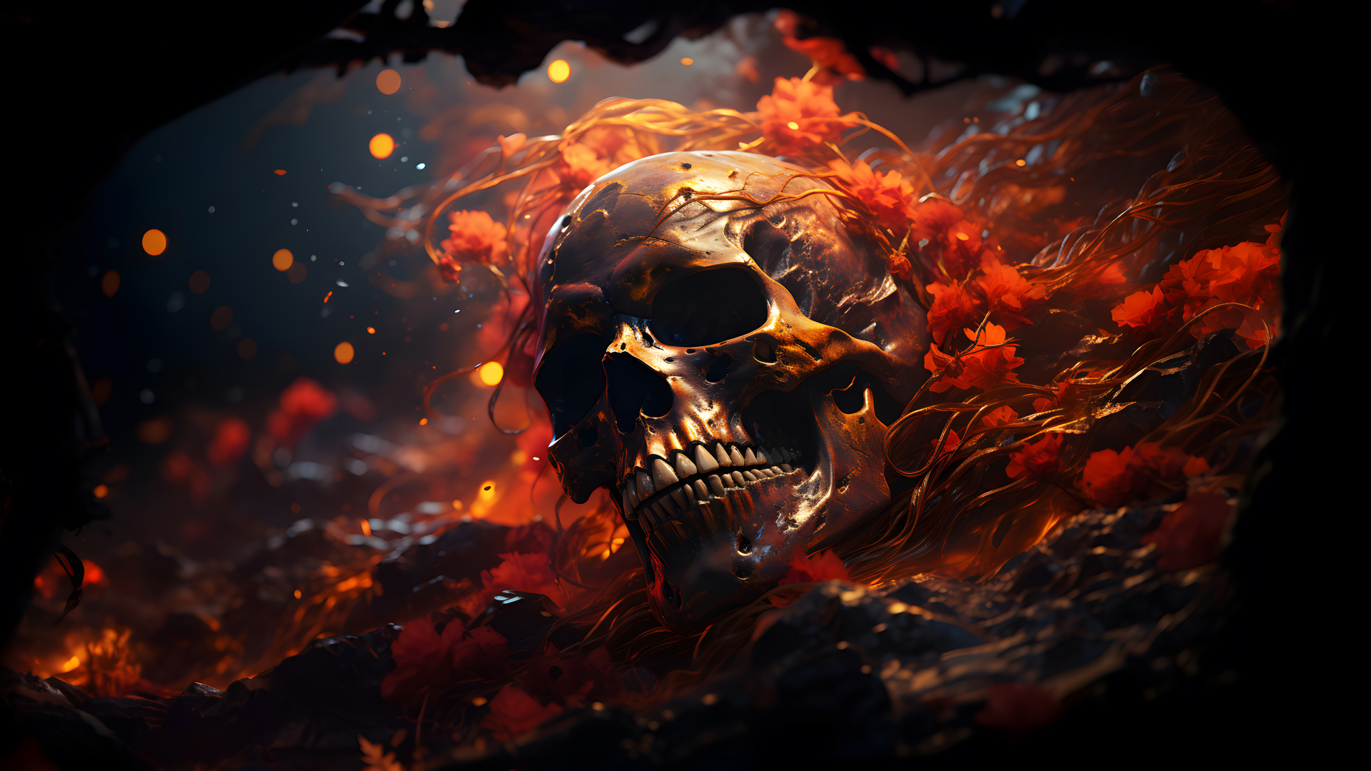 Череп зарастает лианами на земле