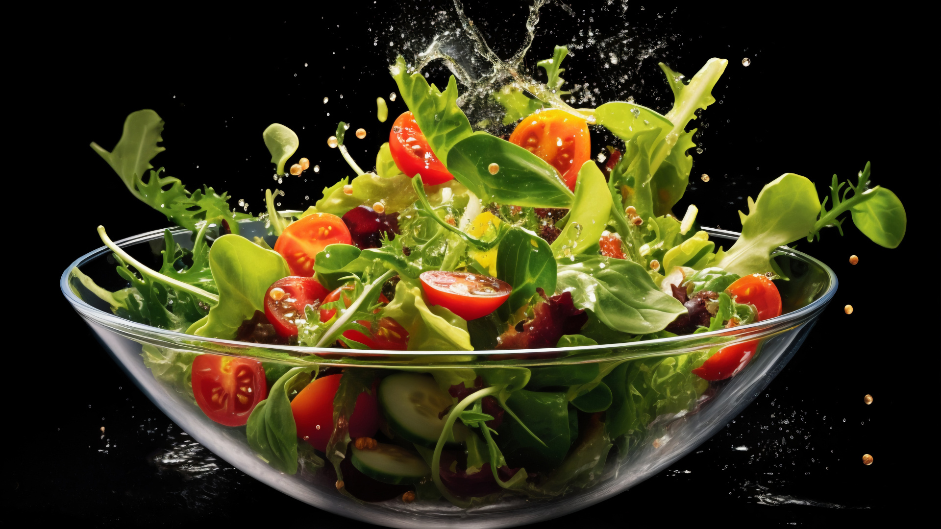 Свежий салат в стеклянной тарелке на черном фоне