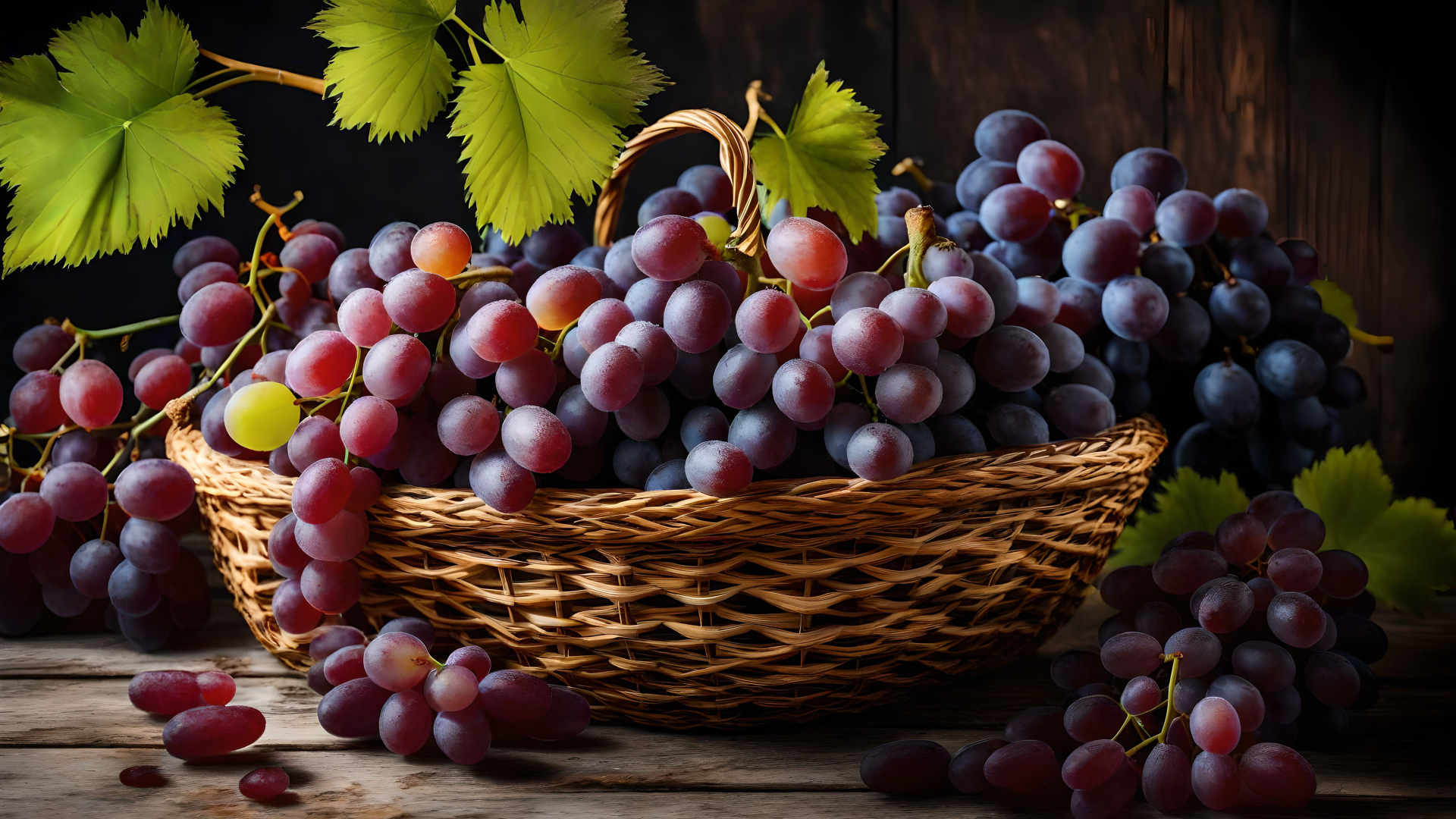 Корзина с большими гроздьями розового винограда