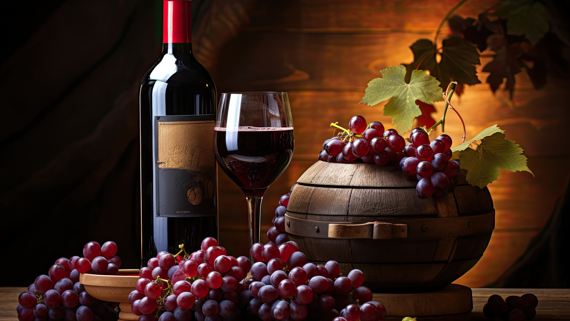 Розовый виноград на столе с вином