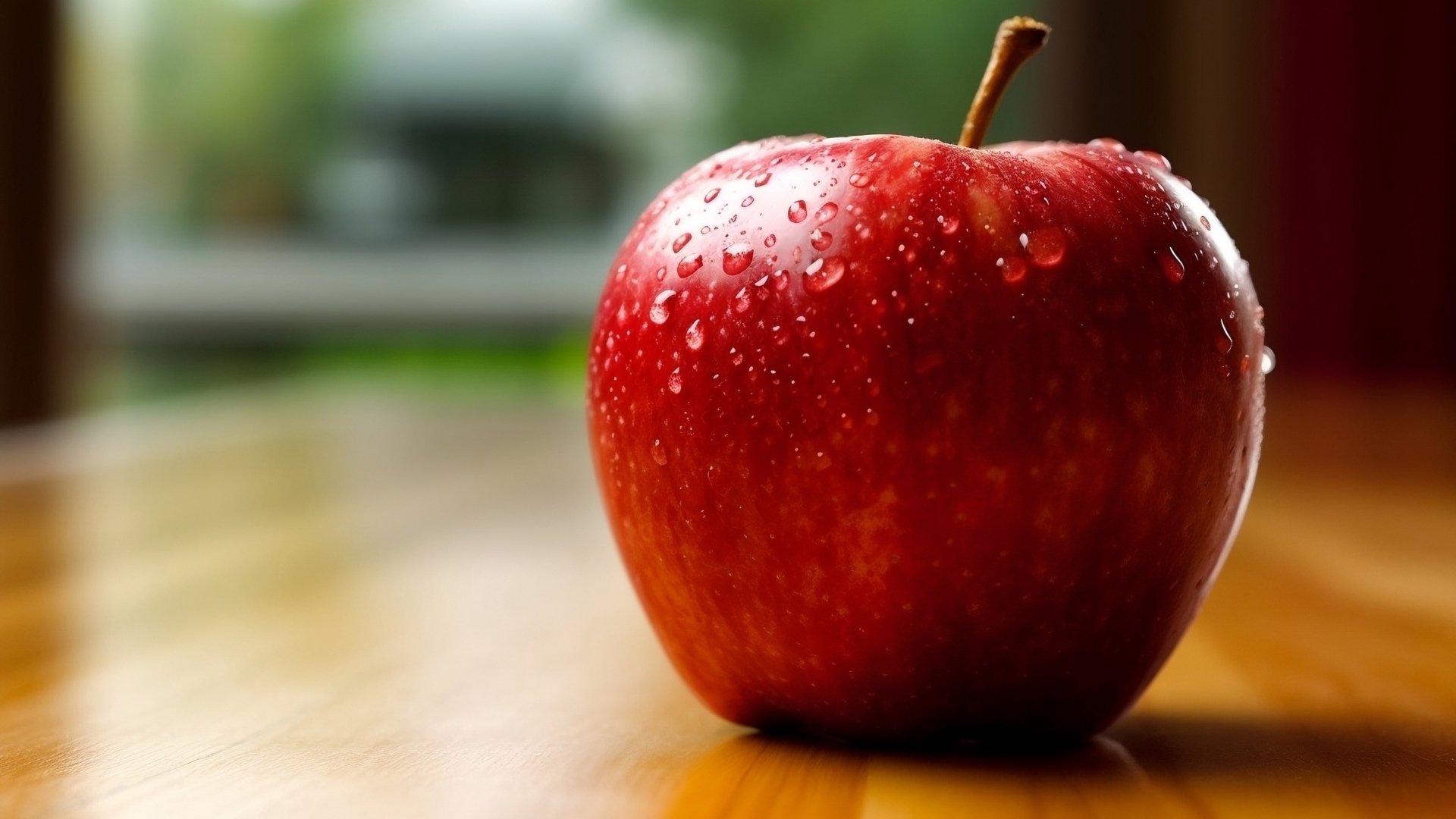 Красное яблоко в каплях воды на столе