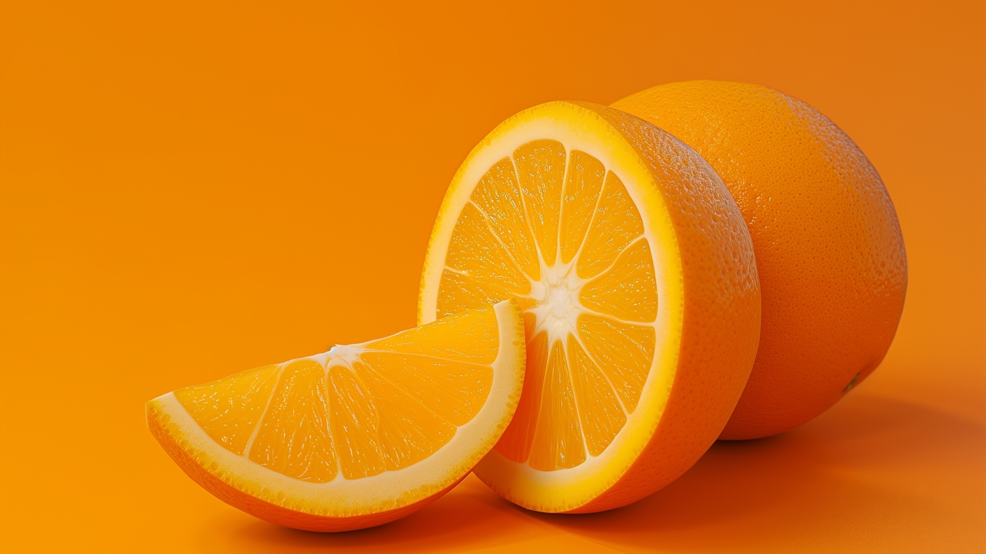 Спелый оранжевый апельсин на оранжевом фоне