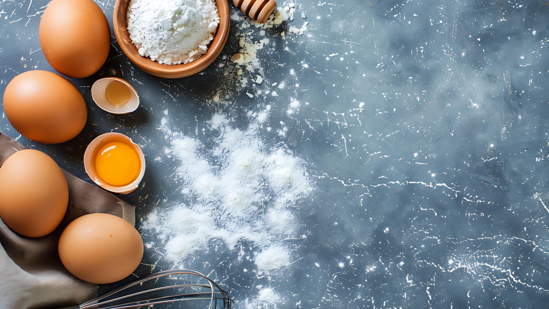 Свежие яйца, мука и венчик на сером столе