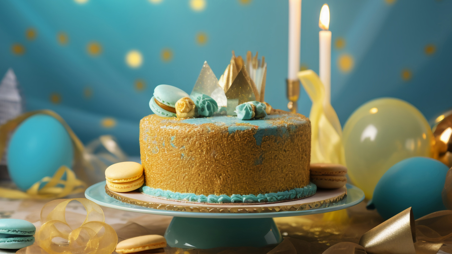 Торт на день рождения в голубой глазури с макарунами